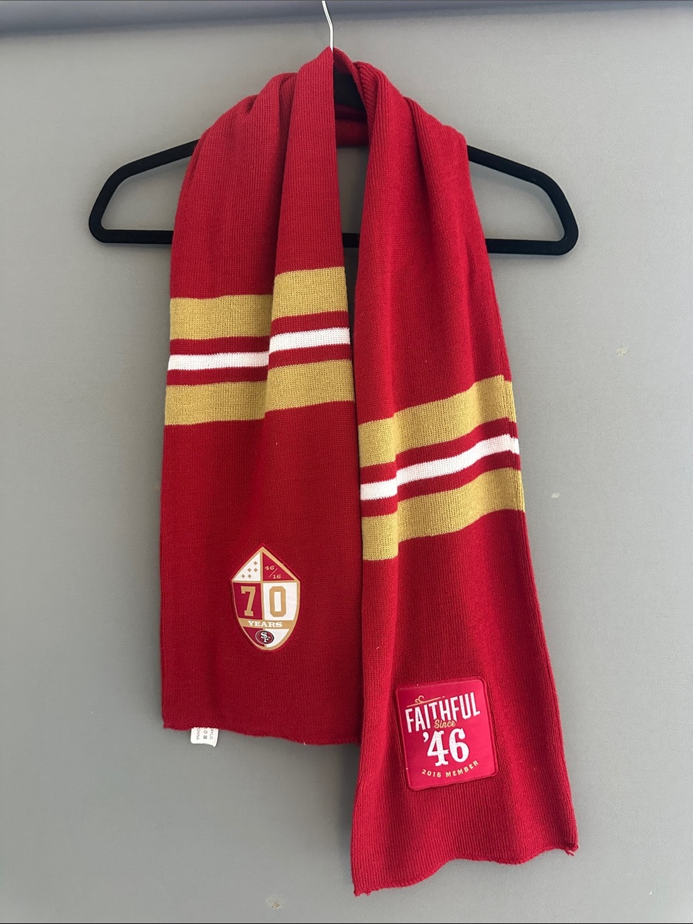 Red & Gold Striped 49er Fan Scarf with 'Faithful 46' Patch